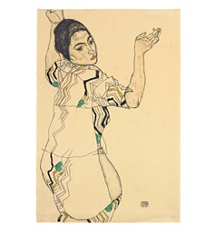 friederike beer in gestreiftem kleid mit erhobenen armen - friederike beer in striped dress with raised arms by egon schiele